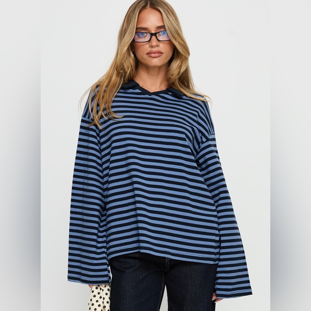 Princess Polly Striped Long Sleeve Polo Top – Blue/Navy